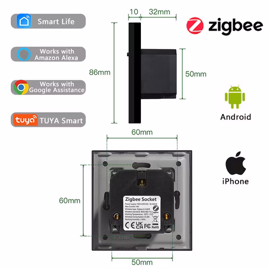 Parede de vidro de cristal Tomada para casa inteligente Alexa Home Zigbee Socket